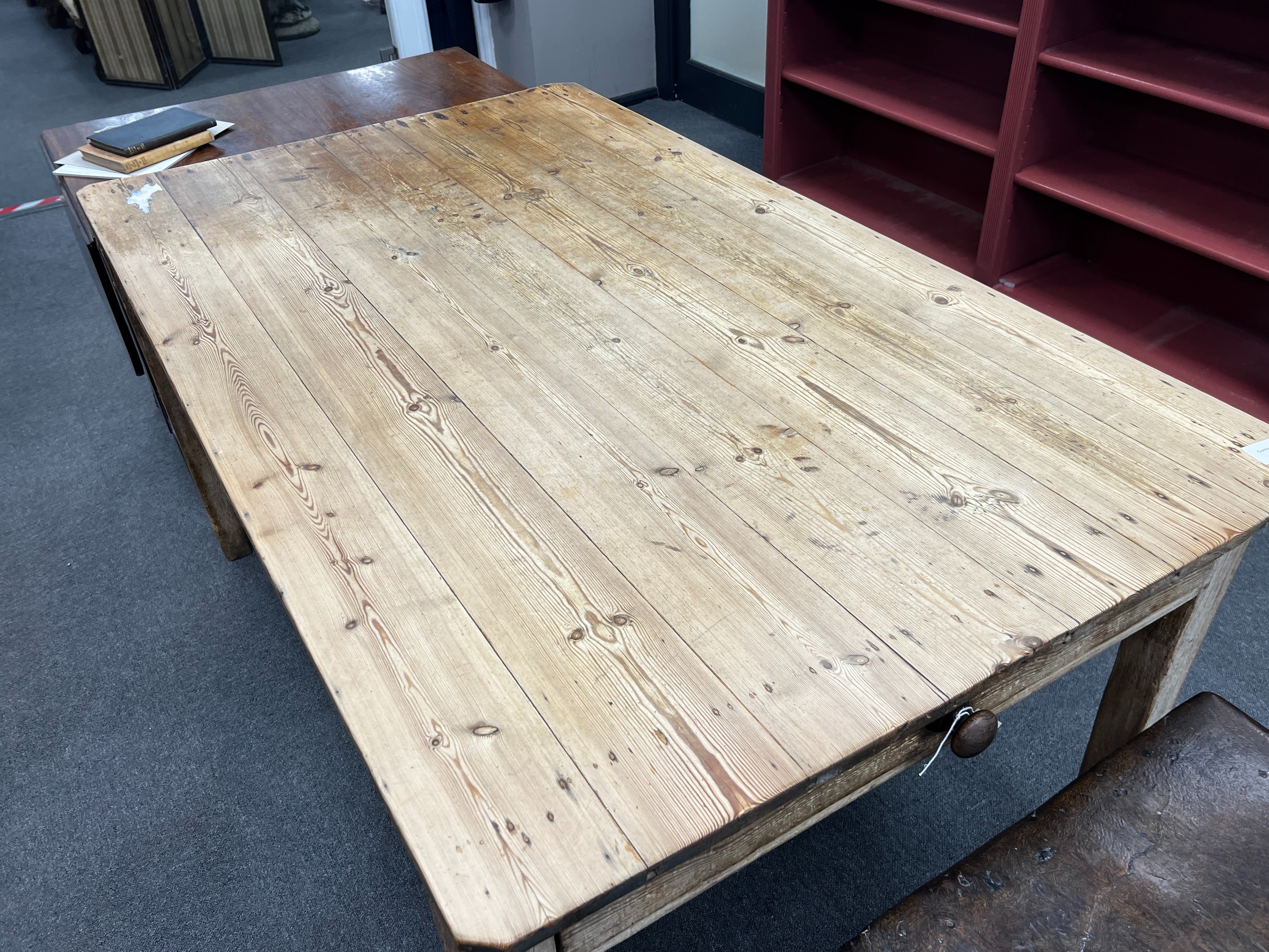 A Victorian rectangular pine kitchen table with planked top and single frieze drawer, length 162cm, width 97cm, height 81cm